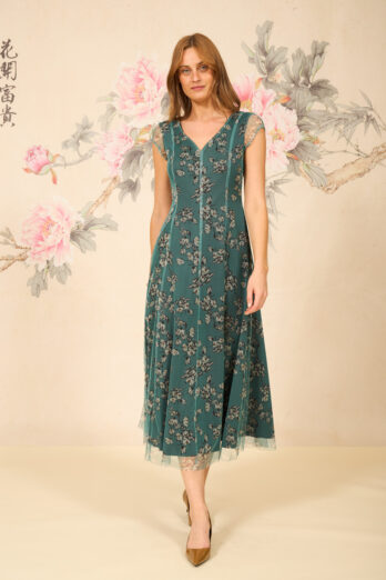 שמלה שיין מקסי עלים טורקיז שמלה שיין מקסי עלים טורקיז