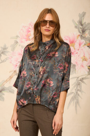 אסף פלג חולצה פרנסיס סאטן פרחים אפורה